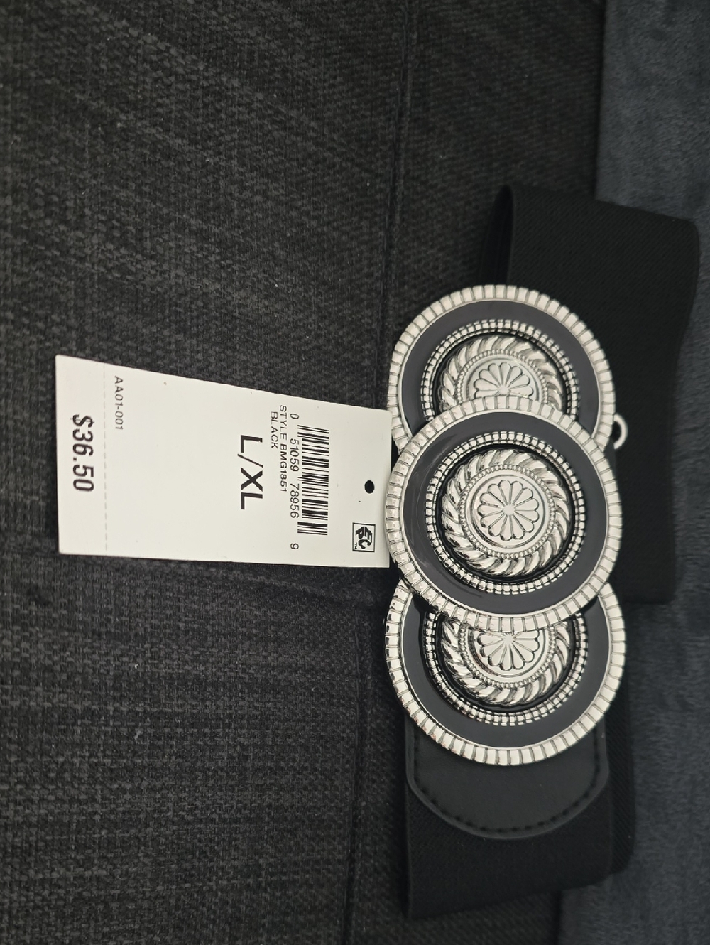 Statement Black Elastic Belt with Triple Silver Medallions